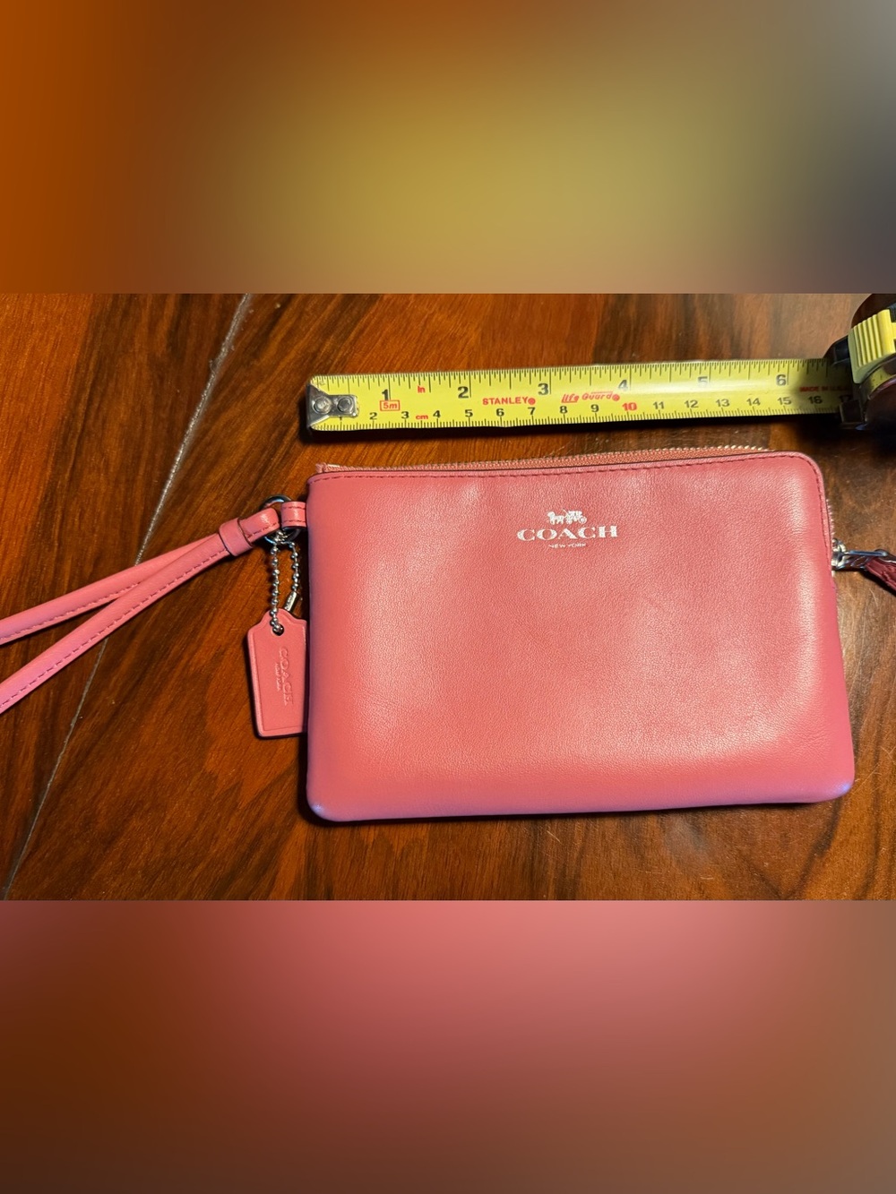 Coach Pink Leather Wristlet with Silver Logo